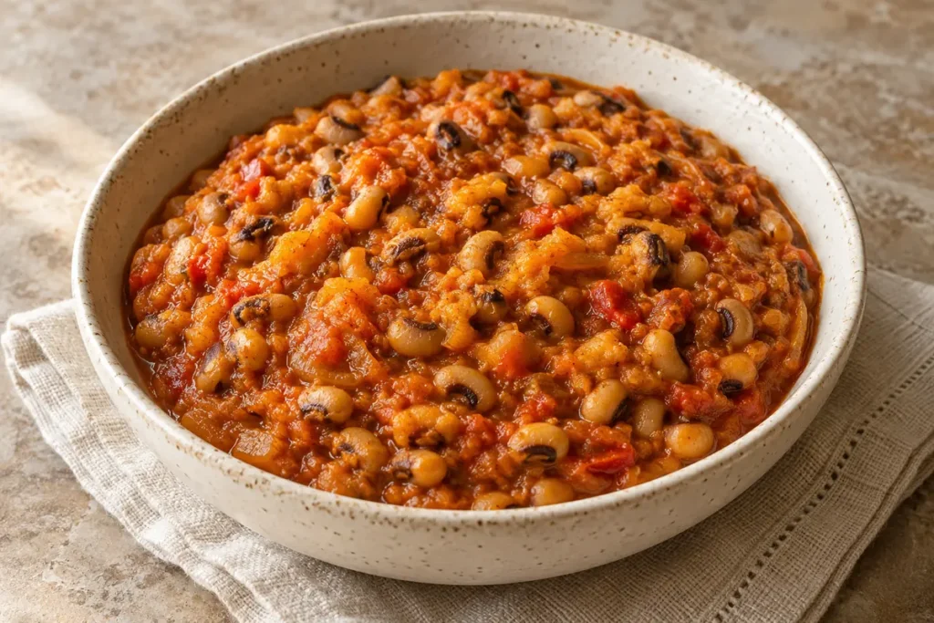 Beans Porridge (Ewa Riro) mit Palmöl – angerichtet im Teller