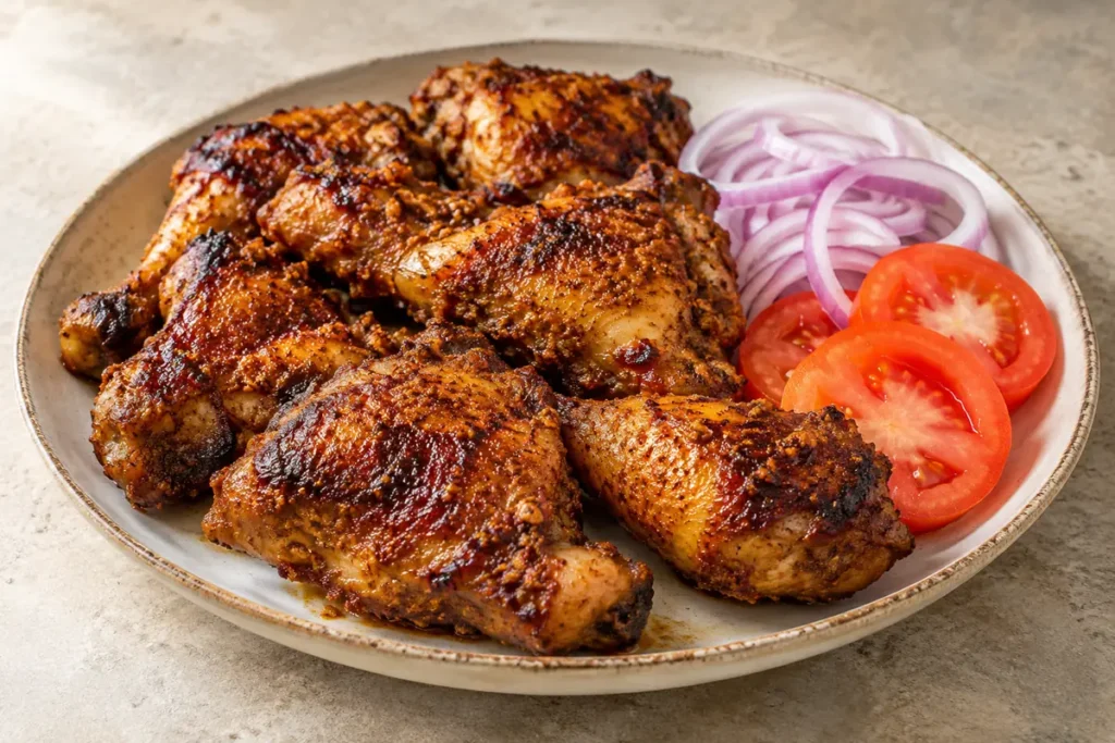 Chicken Suya aus dem Ofen – angerichtet im Teller