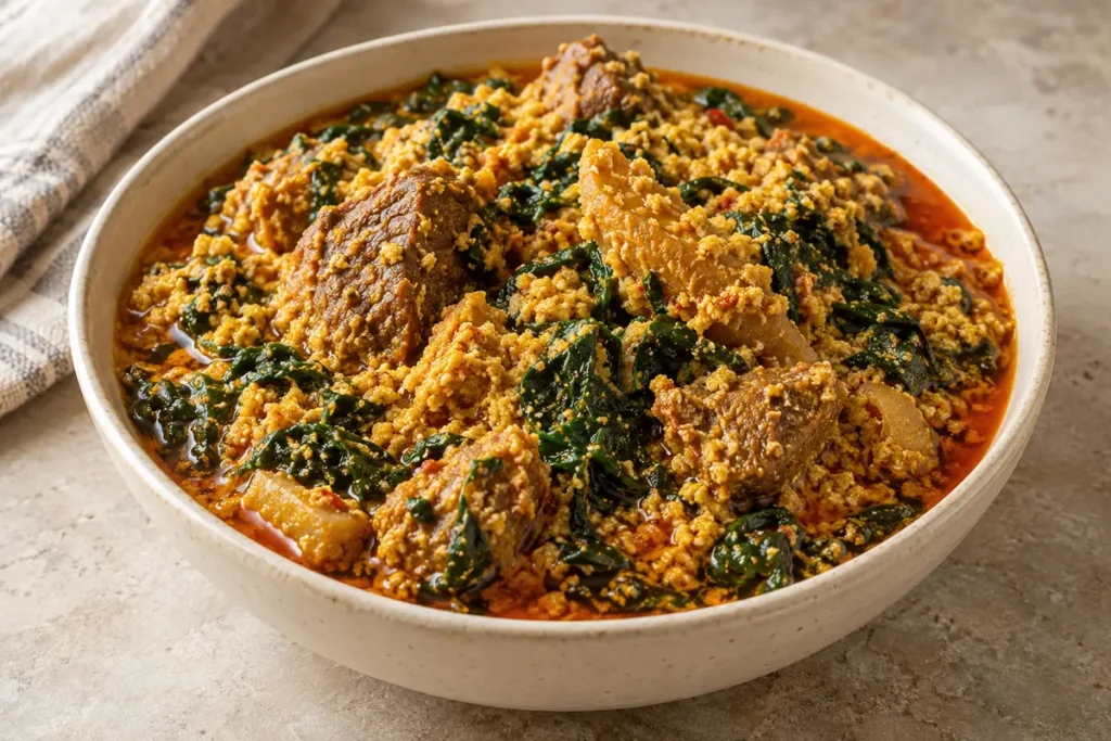 Egusi-Suppe mit Palmöl und Spinat – angerichtet im Teller