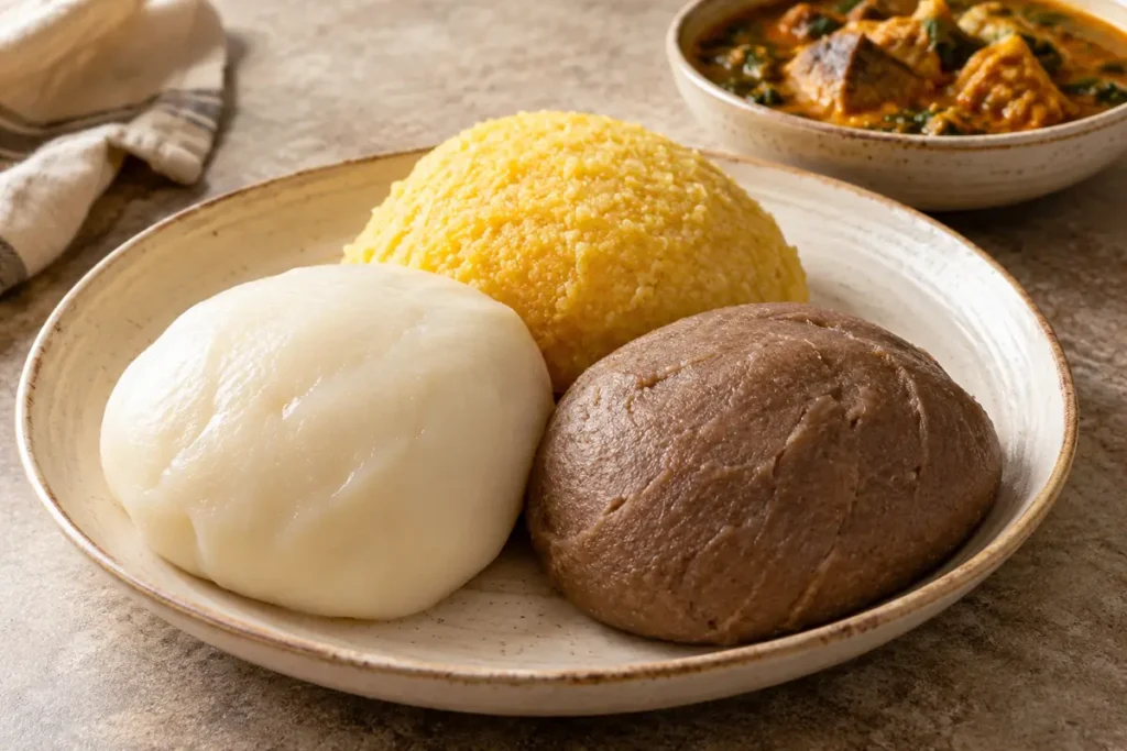 Fufu, Eba und Kokonte zubereiten – angerichtet im Teller
