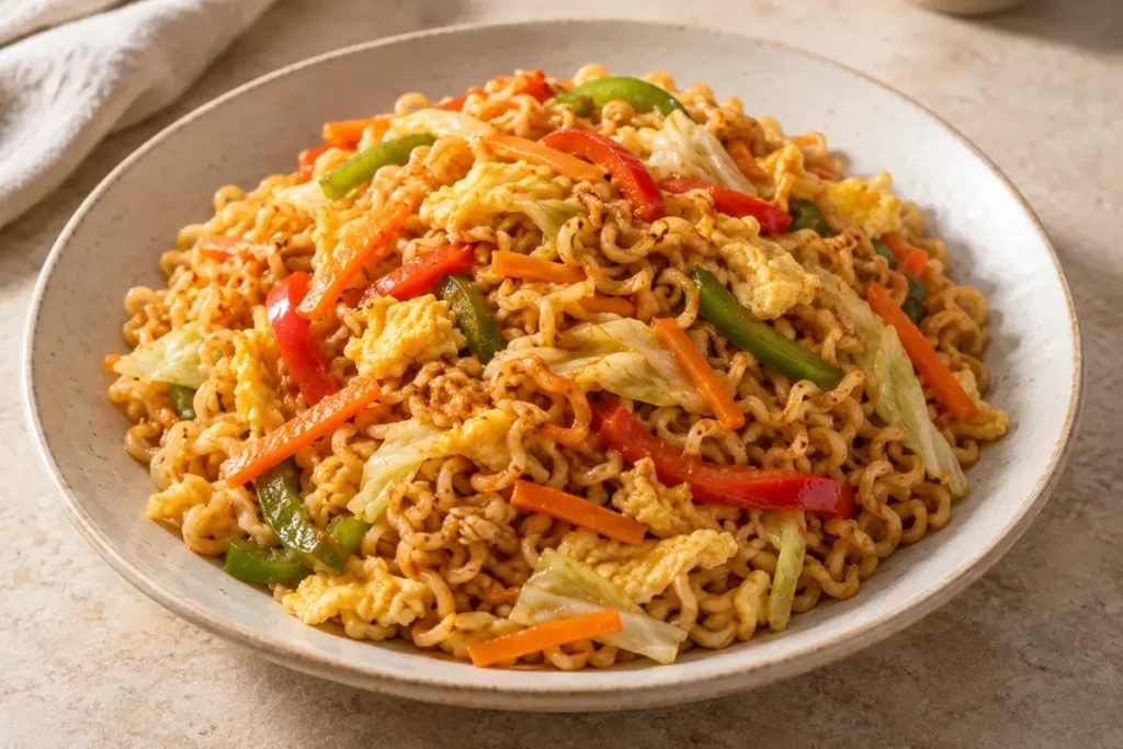 Indomie Stir Fry mit Ei und Gemüse – angerichtet im Teller