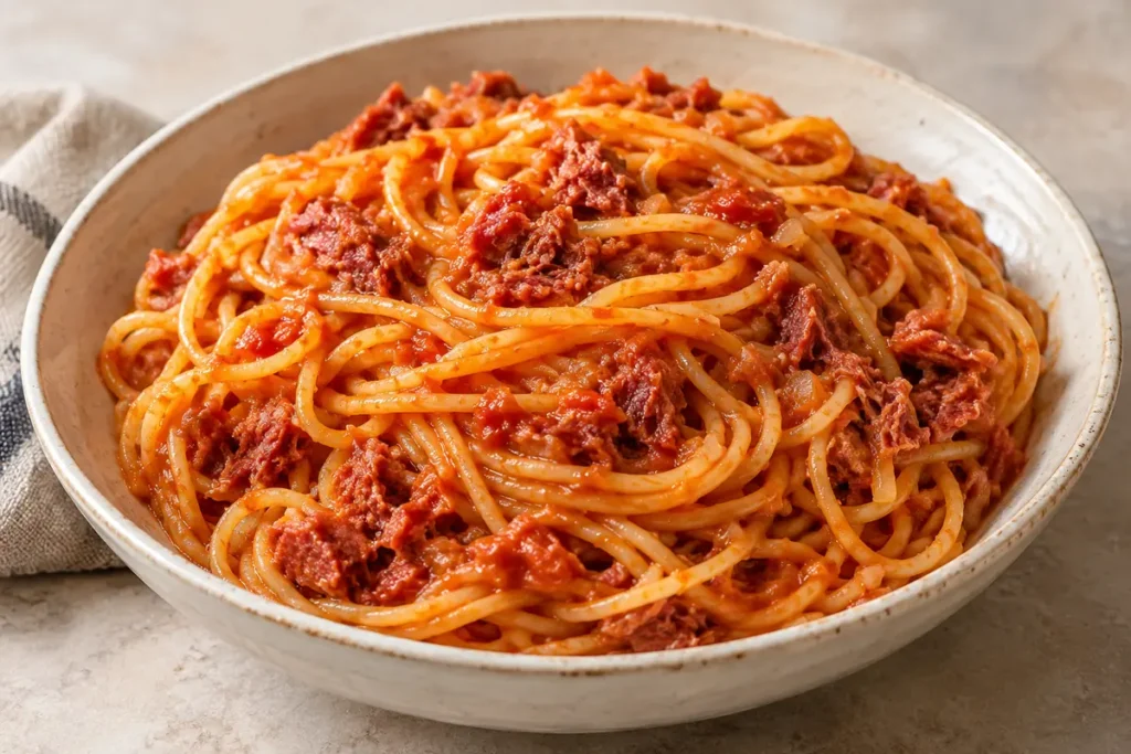Jollof Spaghetti mit Corned Beef – angerichtet im Teller