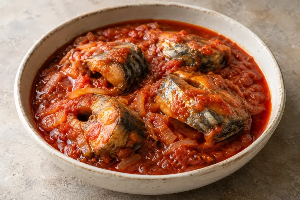 Ghanaischer Makrelen-Stew mit Zomi-Palmöl – angerichtet im Teller
