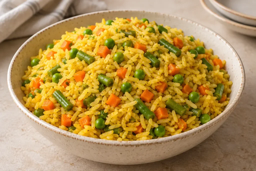 Nigerian Fried Rice mit Gemüse – angerichtet im Teller