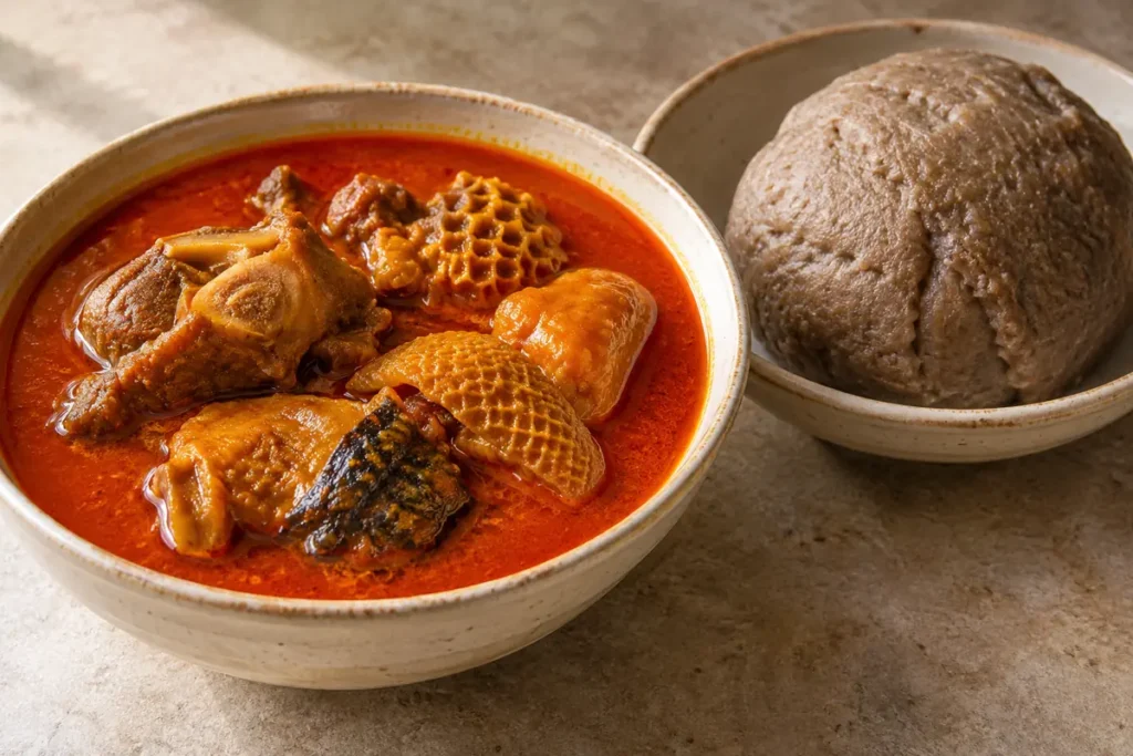 Palmnuss-Suppe (Abenkwan) mit Kokonte – angerichtet im Teller