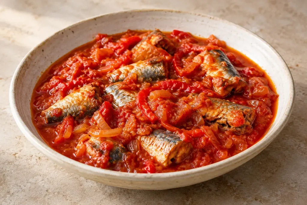 Sardinen-Stew mit Tomaten – angerichtet im Teller